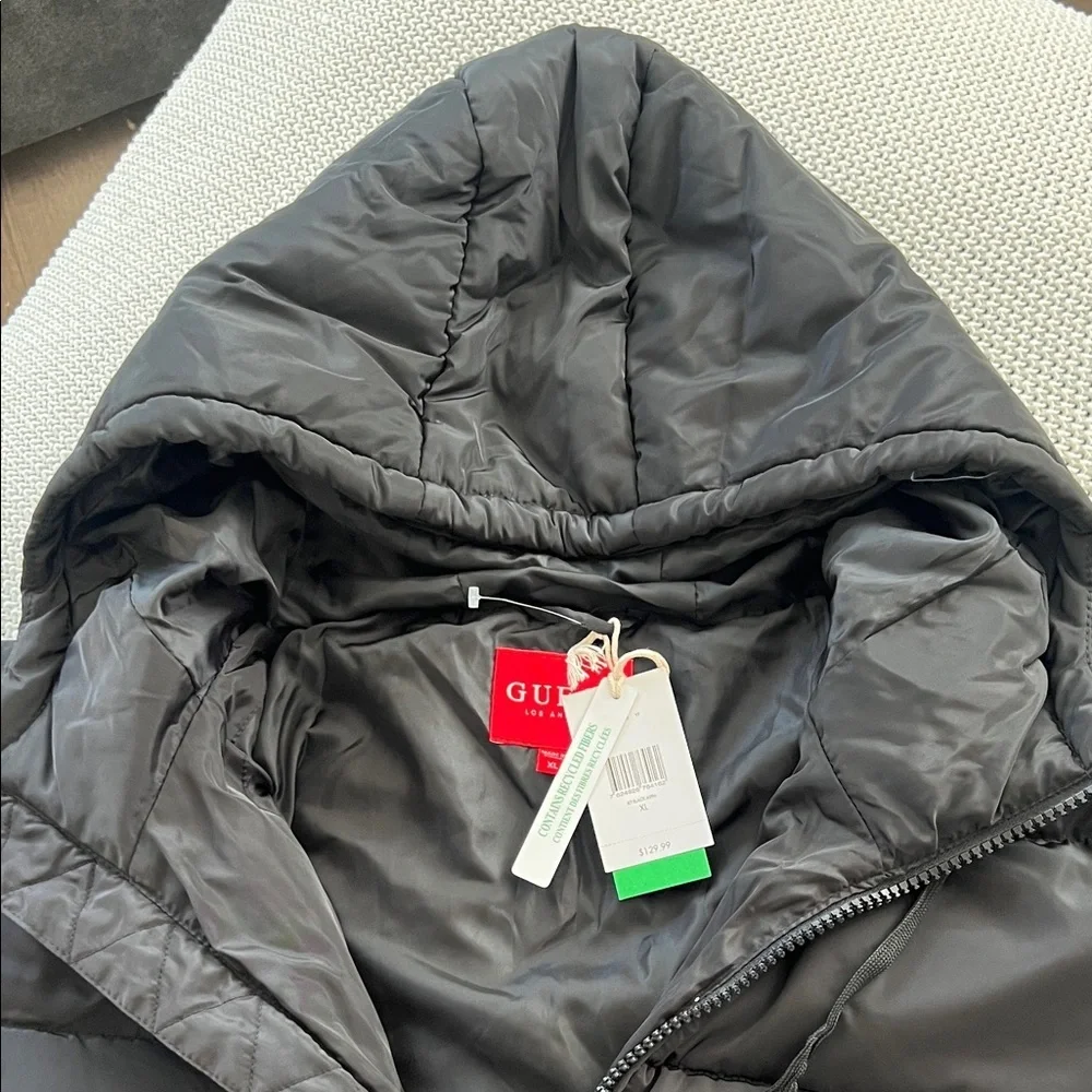 Guess Black Quilted Jacket with Logo Sleeves